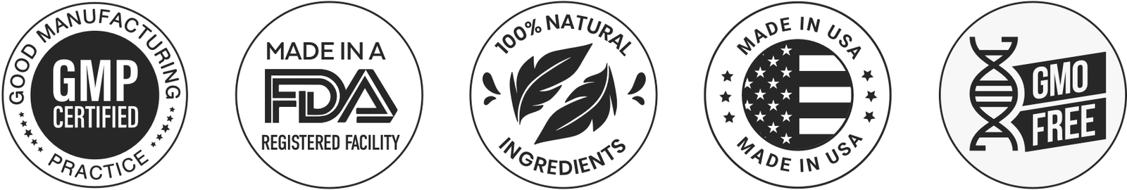 GMP, FDA registered facility, 100% natural, Made in USA, GMO free